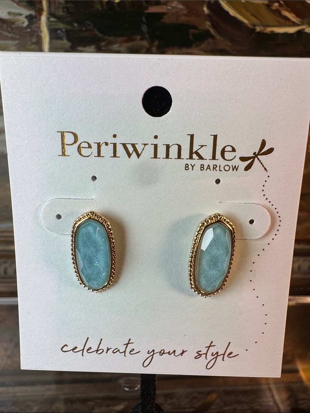 0458-Periwinkle by Barlow Gold Tone Plated Aqua Stone Oval Stud Earrings